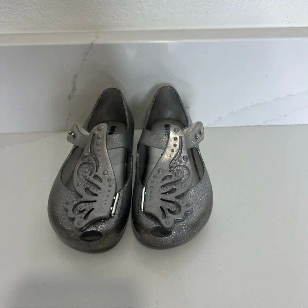 Mini Melissa Kids' Silver Glitter Shoes with Butterflies size 9